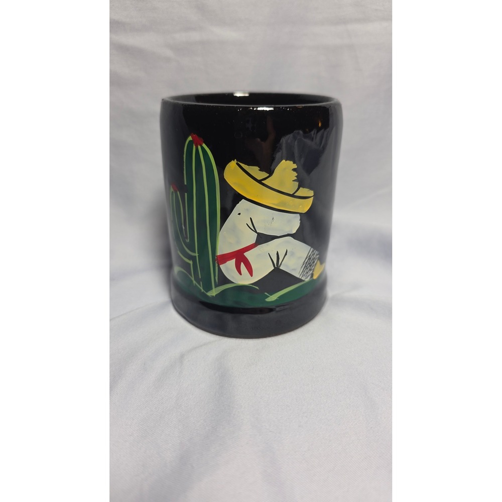 Vintage Hand Painted Mexican Folk Art Mug Sleeping Man Sombrero Cactus Black